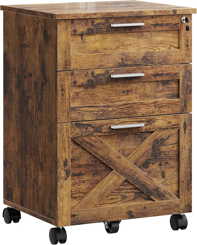Secure 3-Drawer Wood File Cabinet with Lock – Mobile Under Desk Filing Cabinet Fits Letter/Legal/a4 Rolling Cabinet with Wheels – Classic Color