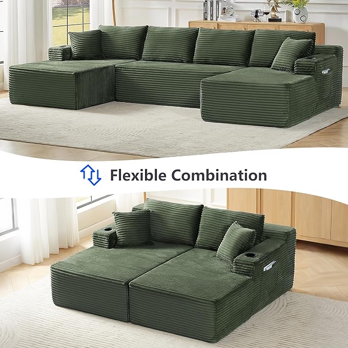 133.5 Modular Sectional Sofa with Movable Chaises Boneless Couches with Cup Holders for Living RoomOversized U Shaped Sectional Couch Modern Cloud Corner Sofa with Storage 6 Seater- Green