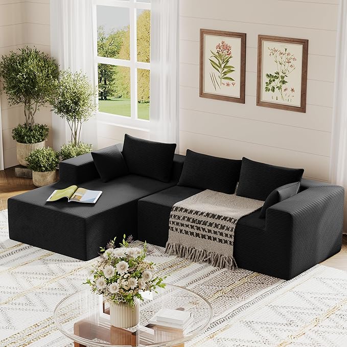 ALISH 111 Inch L-Shaped Cloud Sectional Sofa Couch Compression Couch with Chaise Modular Deep Seat Boneless Design for Easy Setup Plush Upholstered Living Room Bedroom Apartment Furniture Black