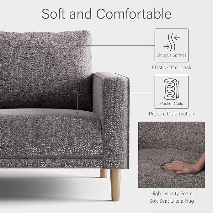 Furniture of America Oriana Contemporary Boucle Loveseat Couch with Back Pillows and Wooden Legs Comfy Fabric Upholstered Small Sofa for Living Room Bedroom Home Office Charcoal Gray