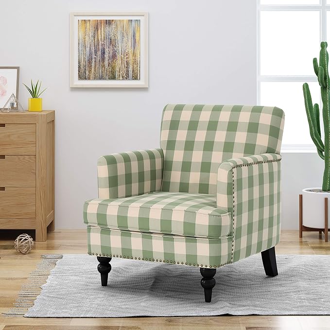 Christopher Knight Home Eve Modern Upholstered Club Chair Wooden Living Room Accent Chair Comfy Bedroom Reading Chair Multifunctional Armchair Green Checkerboard