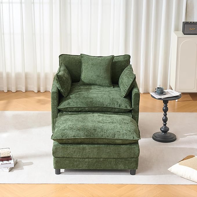 39.4 Oversized Modern Accent Chair with Ottoman Chenille Upholstered Club Chair for Living Room &amp Bedroom Reading Chair 350 lbs Weight Capacity (Green 1 Seat)
