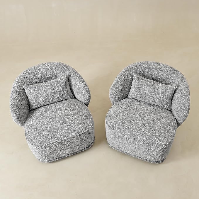 KINWELL 33 W Mid Century Modern Swivel Barrel Chair Set of 2 Upholstered Boucle Swivel Accent Chairs No Assembly Sofa Chair with Toss Pillow for Living Room Bedroom Reading Nursery (Black White)