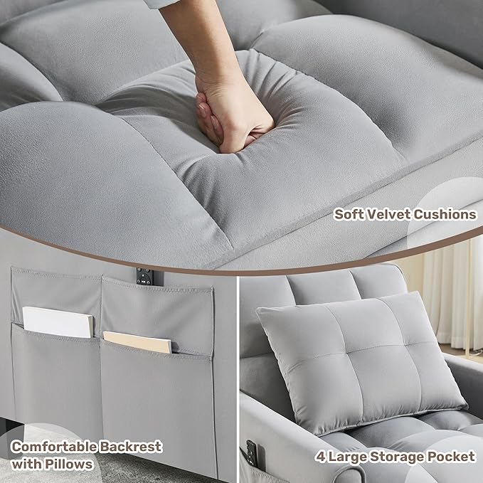 Convertible Sleeper Chair 3 in 1 Sleeper Chair Bed Pull Out Sofa Bed Chairs Velvet Single Sofa Beds with Adjustable Backrest for Adults Reading Living Room Bedroom Light Grey