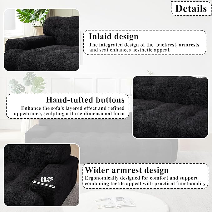 KEIKI 87.4 Cloud Couch Oversized 3 Seat Sofa with Button-Tufted Square Arm Deep Seat Chenille Seat for Living Room Guest Bedroom No Assembly Required Black