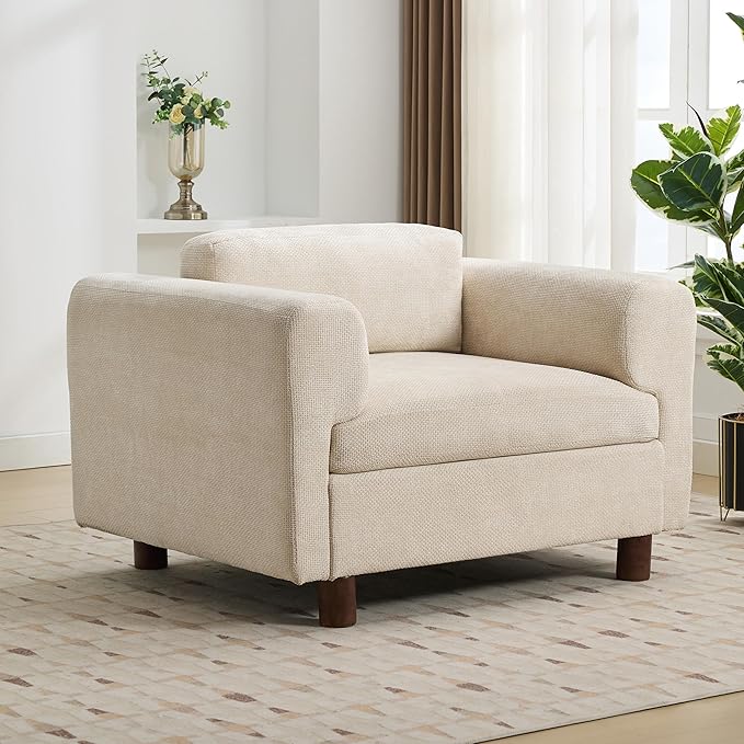 Modern Oversized Armchair Woven Velvet Comfy Accent Chair Single Sofa with Round Rubberwood Legs for Living Room Apartment Offices (Beige-Woven)