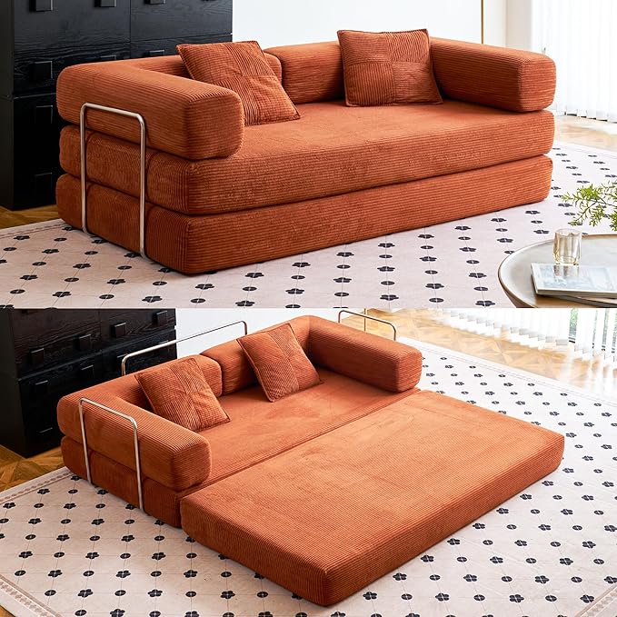 Compression Sofa - 62''Convertible Floor Sofa Bed - with Pillow Back Support Armrest - Comfy Foldable Sofa Bed Compressed Sofa in Box - Corduroy Fabric - for Living Room Bedroom (Orange)