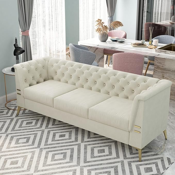 Tomkate 83 Beige Velvet Chesterfield Sofa Mid-Century Modern Tufted 3-Seater Couch with Flared Arms Removable Cushions &amp Gold Metal Legs for Living Room (Beige)