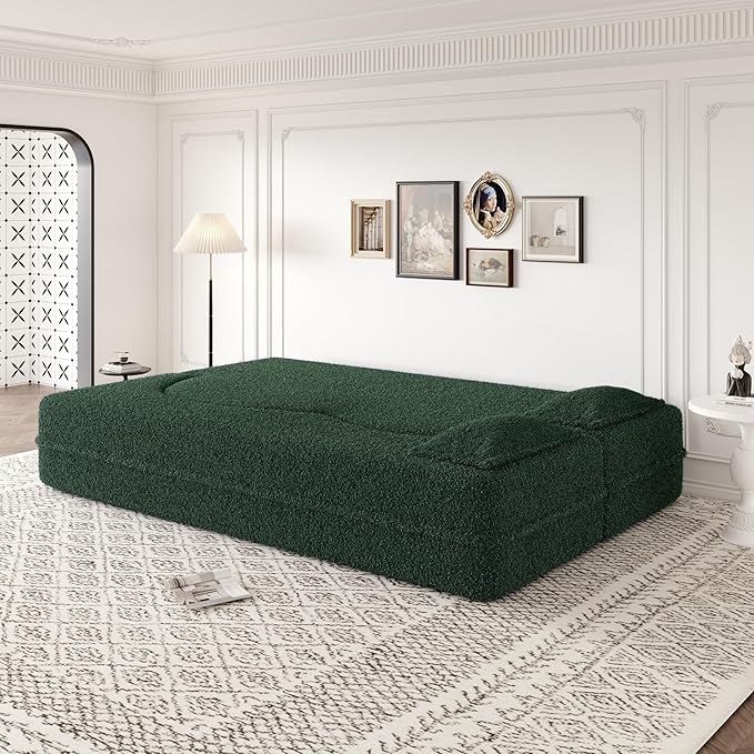 2 in 1 Folding Floor Couch Sofa Bed with 2 Pillows Teddy Fabric Foam-Filled Convertible Sleeper Sofa Full Mattress for Living Room Guestroom No AssemblyGreen Required Sofa Bed