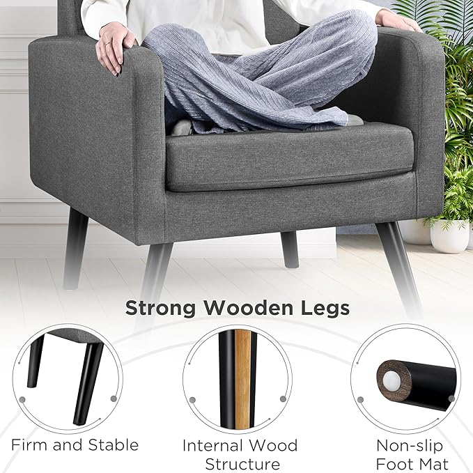 Yaheetech Mid-Century Accent Chairs Modern Upholstered Living Room Chair Cozy Armchair Button Tufted Back and Wood Legs for Bedroom/Office/Cafe Set of 2 Gray