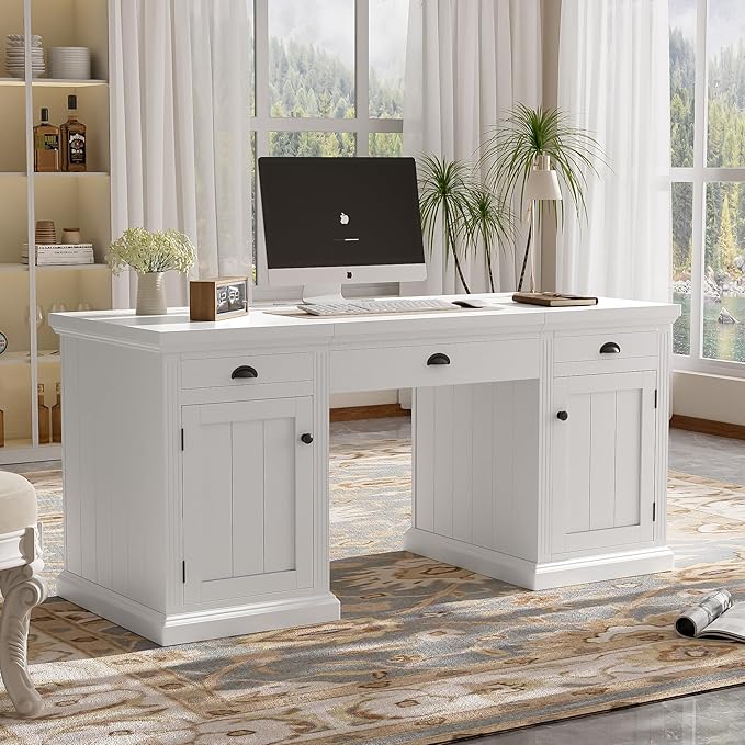 67 Modern White Executive Desk Computer Desk with 2 Wooden Doors Storage Cabinet &amp 3 Drawers Rectangle Home Office Desk with USB Ports Writing Table &amp Workstation for Study (White)