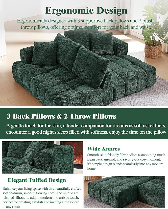 108 Boneless Cloud Modular Sectional Couch for Living Room L Shaped Sofa with Chaise | Chenille Fabric | Compressed Foam Sofa for Living Room | No Assembly (Deep Green Right Hand Facing)