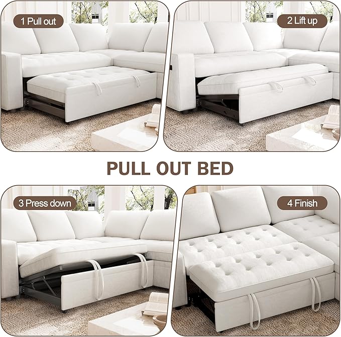 Vipbear 85 Inch Modular Sectional Sofa with Pull Out Bed Chenille L Shaped Sectional Sofa with USB Ports/Reclining Backrest/Storage Seats Tool-Free Assembly Sofa Couch for Living Room Begie
