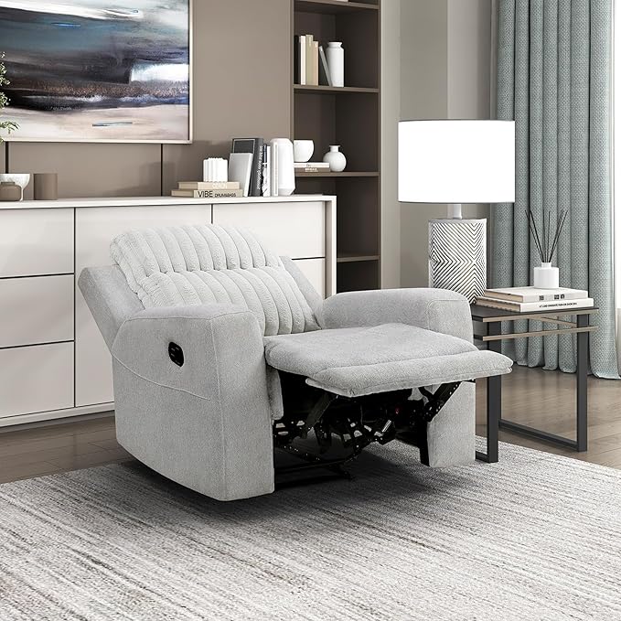 Lexicon Modern Recliner Chair for Living Room Manual Wall Hugger Textured Microfiber Reclining Chair Plush Corduroy Channel Seat Back Manual Recliner Light Gray
