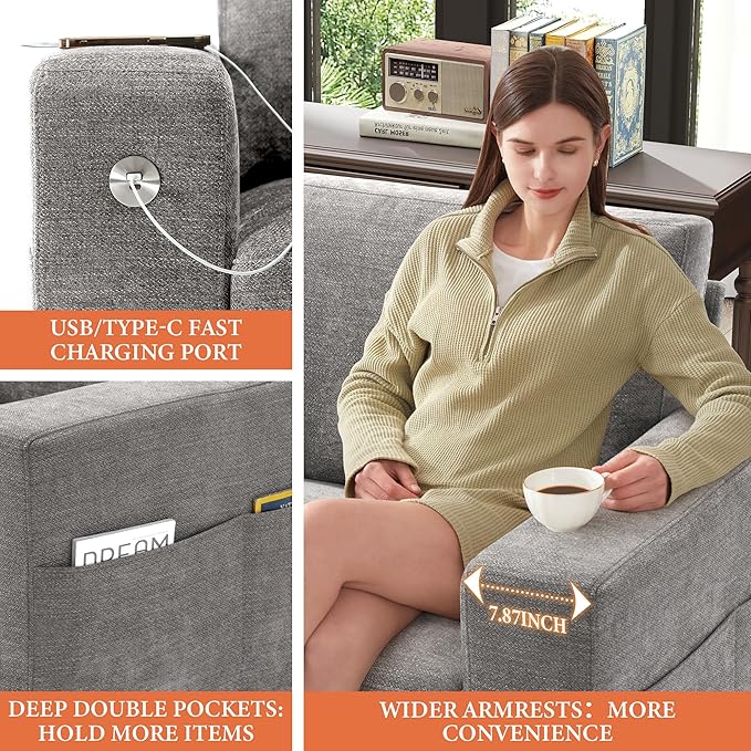 Ihanherry Modern Sofa Living Room Couch with USB/Type-C Charging Port Comfy 3-Seats Chenille Recliner Sofa for Small Space Removable Medium Firm Cushion (89inch Grey)