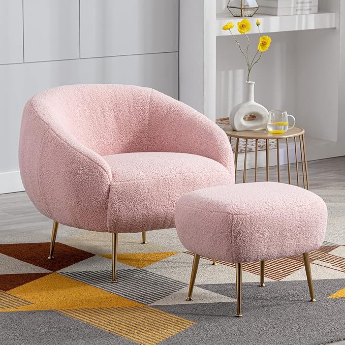 Modern Comfy Leisure Accent Chair Teddy Short Plush Particle Velvet Armchair with Ottoman for Living Room