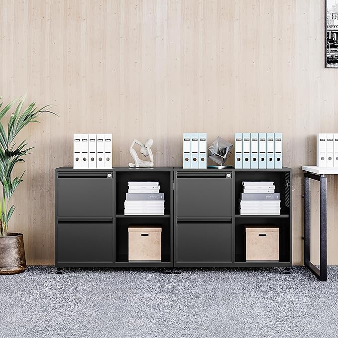 SISESOL 2 Drawer File Cabinet with Lock and ShelfMobile Lateral Filing CabinetMetal Filing Cabinets with Open Storage Shelves Organizer for Home Office Fit Legal/Letter A4 Size (Black)