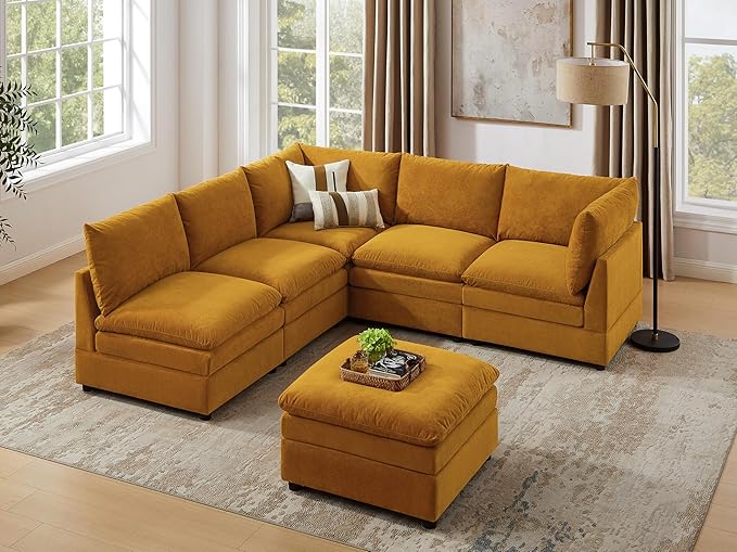 VANOMi 98 Cloud Modular Sectional Sofa Couches for Living Room Oversized Modern Sleeper Sofa with Deep Seat Double-Layer Thick Cushion Movable Ottoman Convertible Upholstered Sofa Set Curry