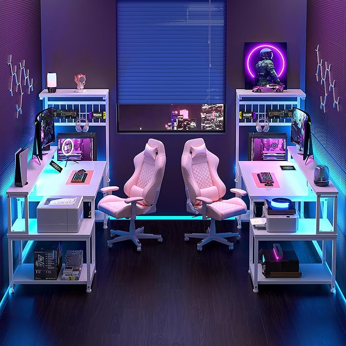 63 Gaming Desk with LED Lights &amp OutletsComputer Desk with Drawers &amp Monitor StandGaming Table with Storage Shelves &amp Printer Space for Game RoomStudy RoomHome OfficeBedroomWhite