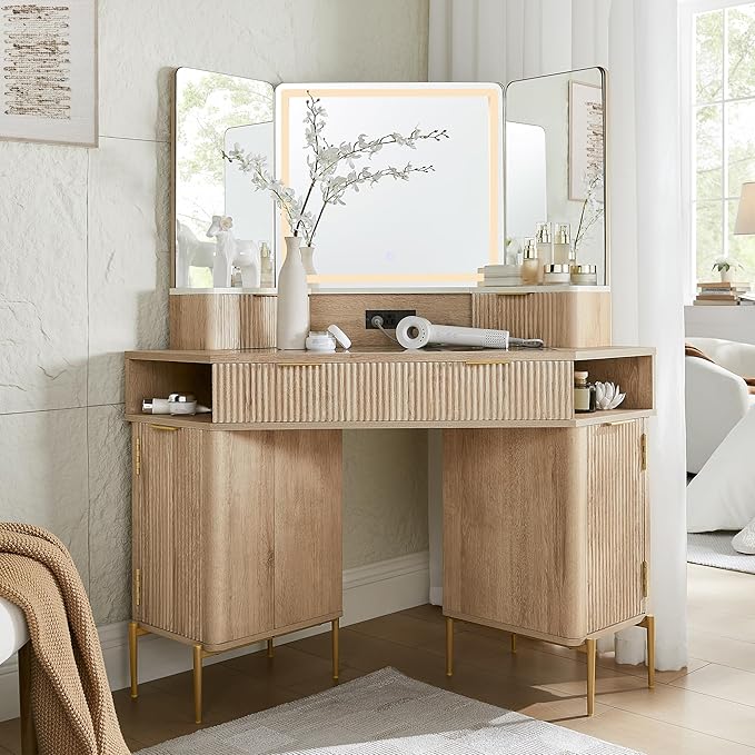 T4TREAM 48 Fluted Makeup Vanity Desk with HD Triple Mirror and Lights Large Lighted Corner Vanity with Glass Top Modern Dressing Table with 3 Drawers &amp 2 Cabinets for Bedroom Natural Oak