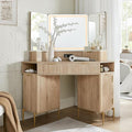 T4TREAM 48 Fluted Makeup Vanity Desk with HD Triple Mirror and Lights Large Lighted Corner Vanity with Glass Top Modern Dressing Table with 3 Drawers &amp 2 Cabinets for Bedroom Natural Oak