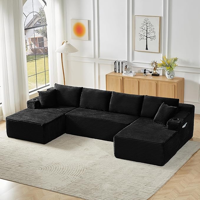 GNIXUU 133.5 Oversized U Shaped Black Boneless Sectional Couch with Cup Holders Modular Sectional Cloud Sofa with Storage Pocket Deep Seat Plush Corduroy Couches for Living Room No Assembly! | eas