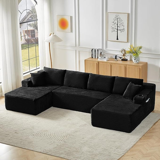 GNIXUU 133.5 Oversized U Shaped Black Boneless Sectional Couch with Cup Holders Modular Sectional Cloud Sofa with Storage Pocket Deep Seat Plush Corduroy Couches for Living Room No Assembly! | eas