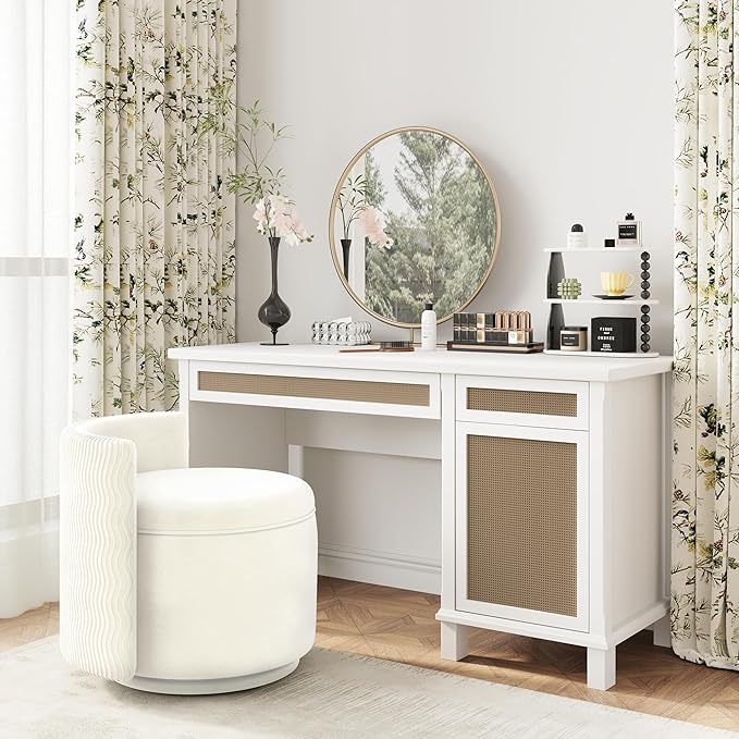 360° Swivel Accent Chair with Storage Vanity Stool with Back Velvet Storage Ottoman Upholstered Round Barrel Vanity Chair for Living Room Makeup Room Bedroom (Off White)