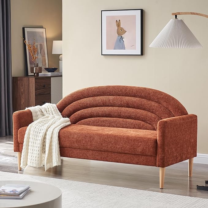 63 Small Loveseat Sofa for Small Spaces Mid Century Modern Sofa Linen Upholstered Furniture with Wood Frame Mini Couch for Living Room/Bedroom Office Couch Easy Assembley Ocher Orange