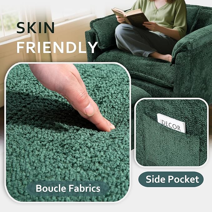 Accent Chair Comfy Oversized Sofa Sleeper Chair with Ottoman Modern Deep Seat Single Sofa Couch for Living Room Bedroom Study Balcony (Chenille Dark Green)
