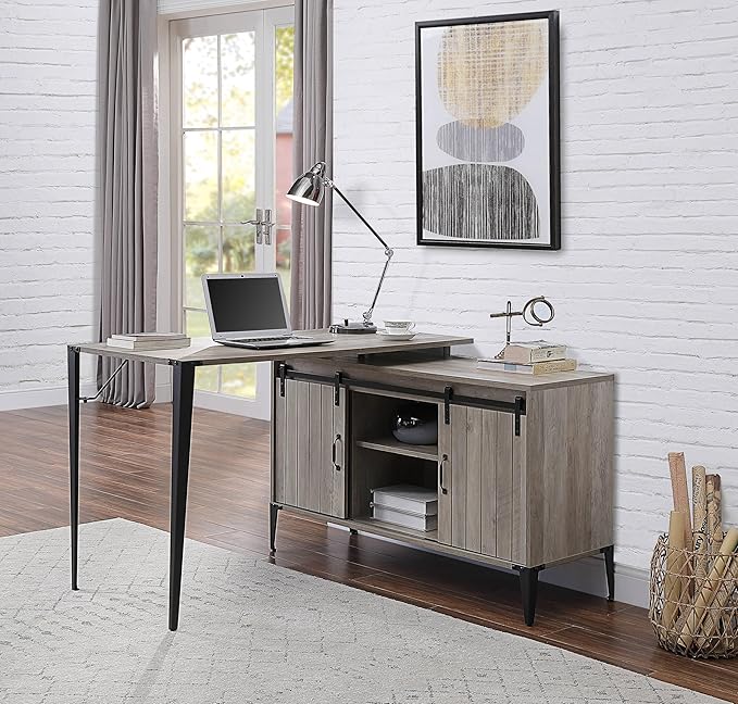 Zakwani 48 Gray Oak &amp Black Finish L-Shape Writing Desk Modern Home Office Desk with Sliding Barn Door