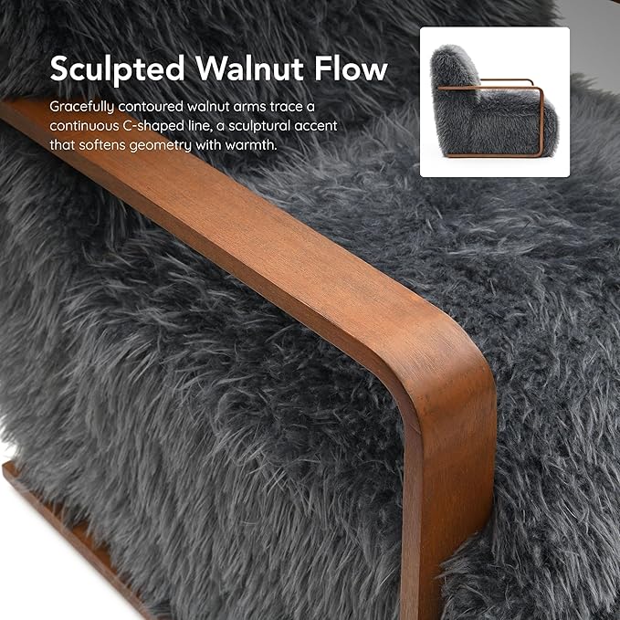 Furniture of America Ramos Modern Lounge Chair with Ultra Soft Faux Fur Long-Haired Accent Sofa Tight Seat and Back Single Couch Fluffy Living Room Seating No Assembly Needed Charcoal Gray