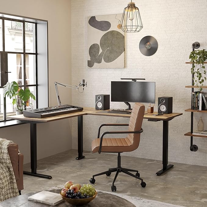FEZIBO L Shaped Standing Desk Corner Standing Desk L Shape L Shaped Adjustable Table Rustic Brown
