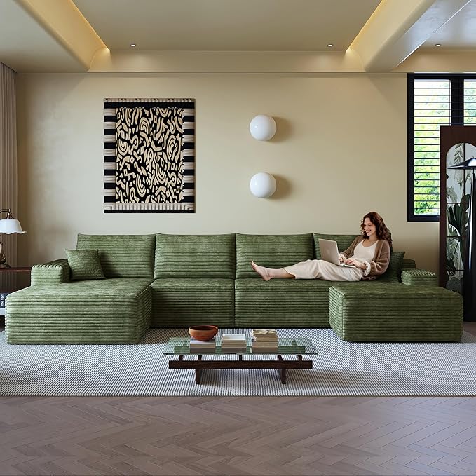135.4 Oversized U Shaped Modular Sectional Sofa Cloud Couch with Chaise Lounge and Movable Ottoman Fluffy Corduroy Upholstered Boneless Sofa Deep Seat Couches w/Pillows | 35D Full Foam Compressed