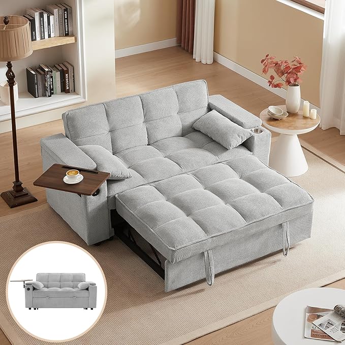 3-in-1 Convertible Sleeper Sofa Couch 65.35 Grainy Corduroy Fabric Pullout with 360° Swivel Side Table Charging Port &amp Storage Box Easy to Assemble for Living Room