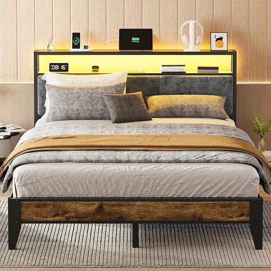 OLEVS Queen Bed Frame Metal Platform Bed Queen Size with 2-Tier Storage &amp LED Light Headboard Charging Station Type C No Box Spring Needed