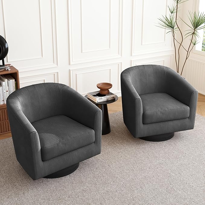 Lumibee Swivel Accent Barrel Chairs Upholstered Comfy Swivel Round Barrel Chair 360° Rotation Single Sofa Club Armchair for Living Room Reading Room Bedroom Corduroy Grey