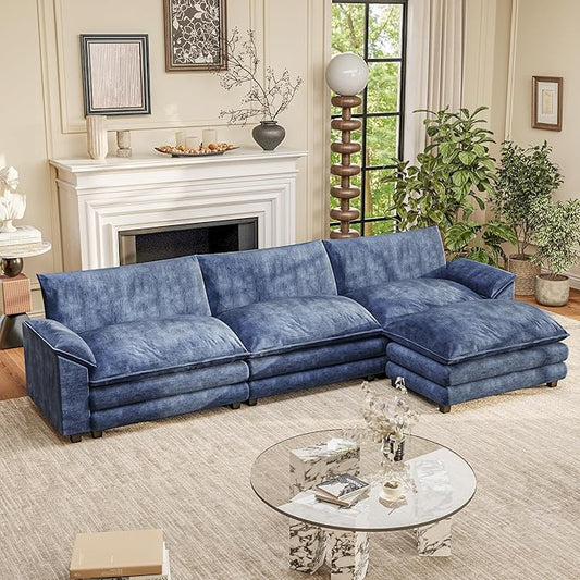 Furniwell 119 Modular Couch 3-Seat Sofa with Reversible Ottoman Cloud Couch L Shaped Sofa with Deep Seat Chenille Sectional Couches for Living Room