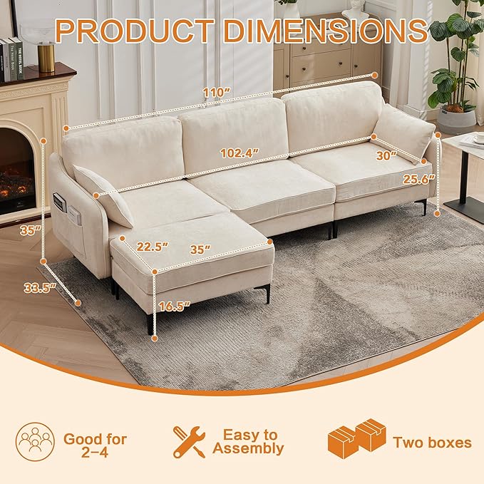LSSBOUGHT 110 Sectional SofaL Shaped Sofa with Movable Ottoman Chenille Fabric 3 Seat Modern Couches for Living Room Apartment and Small Space (Beige)