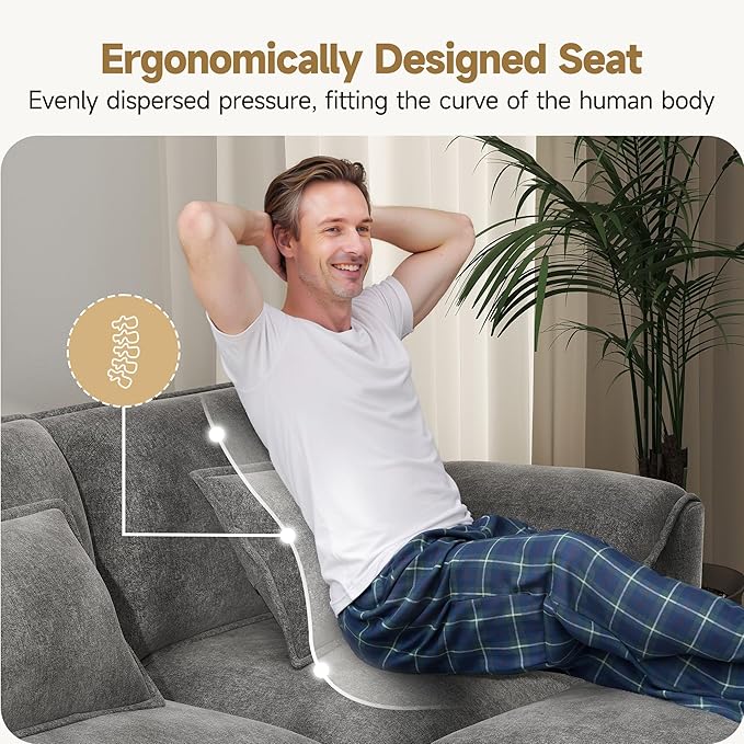 Real Relax 145'' Modular Sectional Sofa U Shaped Chenille Convertible Couch with Movable Ottoman 8 Pillows and 2 Armrest Pillows for Living Room Office and Leisure Places Dark Gray