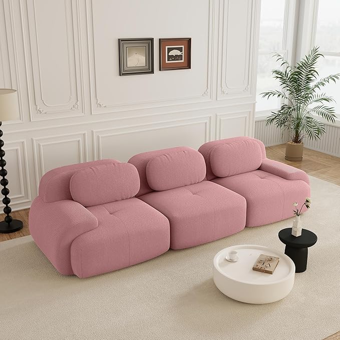 116.1 Modular Sectional Sofa Boneless Cloud Couch 3-Seater Deep Seat Cloud Couch Luxury Corduroy Fabric Sofa for Living Rooms Bedrooms Apartment (Pink 116.1inch)
