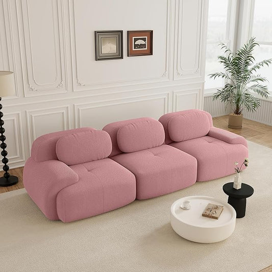 116.1 Modular Sectional Sofa Boneless Cloud Couch 3-Seater Deep Seat Cloud Couch Luxury Corduroy Fabric Sofa for Living Rooms Bedrooms Apartment (Pink 116.1inch)