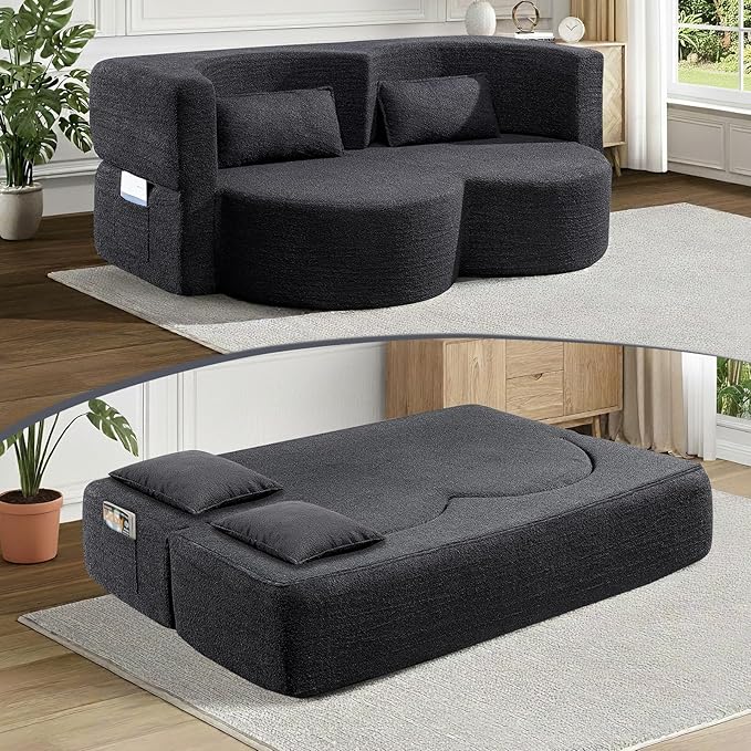 79 Inch Boneless Loveseat Sofa: 2-in-1 Convertible Teddy Velvet Cloud Double Sofa Minimalist Curved Cloud Sofa Bed for Living Room Apartment &amp Small Spaces (Black)