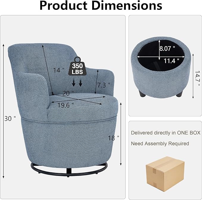 Swivel Accent Chair with Ottoman Fabric Small Barrel Chair with Footstool Modern Round Bedroom Chair for Living Room Blue