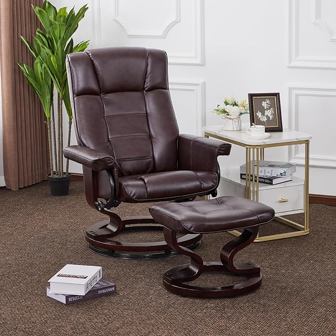 MCombo Manual Swivel Recliner with Ottoman Chair Ottoman Set for RV Small Spaces Living Room Bedroom Office 9019 4919 (Faux Leather Dark Brown)