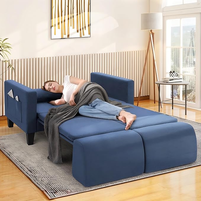 6 in 1 Multifunctional Sofa Bed 58 Convertible Pull Out Couch Loveseat Sleeper w/Removable Backrest Foldable Mat Storage Pockets &amp 2 Pillows Modern Folding Linen Sofas for Small Spaces Blue