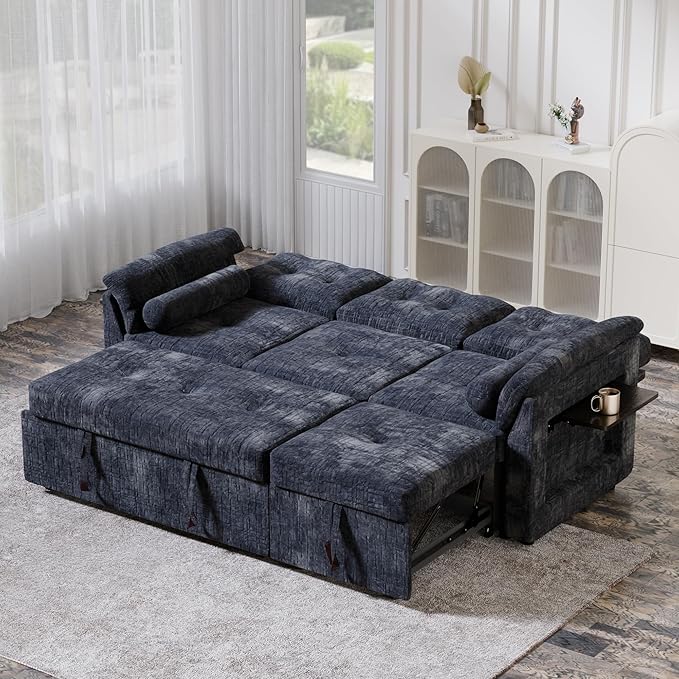 Convertible Queen Sofa Bed 63 Inch Chenille Pull Out Couch with Side Table 3 Seat Pull Out Sofa Bed with Level Adjustable Backrest Comfy Sleeper Sofas for Living Room Apartment Blue