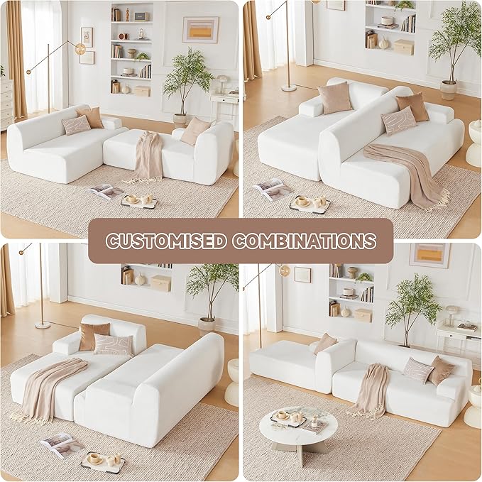 107 Modular Sectional Cloud Couch Boneless couches Sponge sectionals for Living Room High Density Sponges Sofa Modular L-Shape with Chaise White