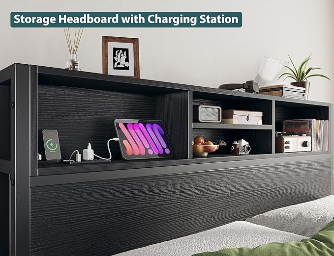 EnHomee Queen Bed Frame with 6 Storage Drawers Queen Size Bed Frame with Headboard Storage Bed with Charging Station No NoiseNo Box Springs NeededBlack