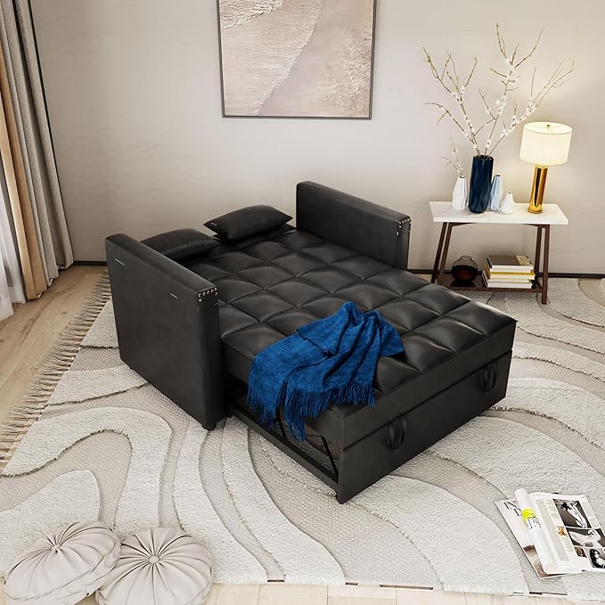 ORRD Convertible Sofa Bed 3-in-1 Multi-Functional Faux Leather Sleeper Couch Pull-Out Bed 48'' Loveseat Bed Chaise Lounge with Adjustable Backrest and Hidden Side Table for Living Room Small Space